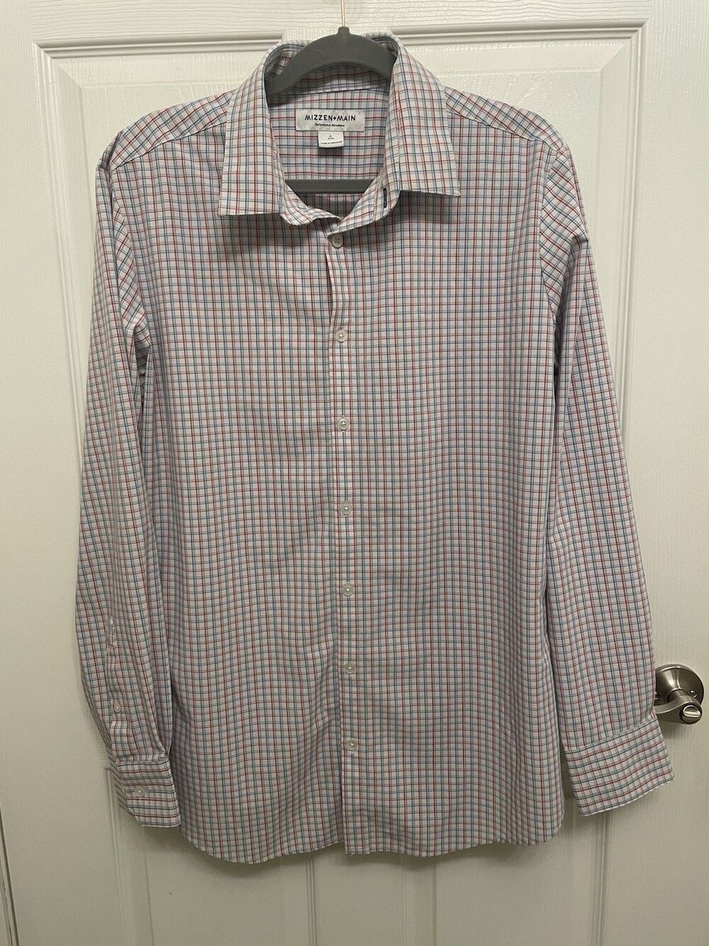 Mizzen + Main Men's L Leeward Dress Shirt Blue Red Check Trim Fit